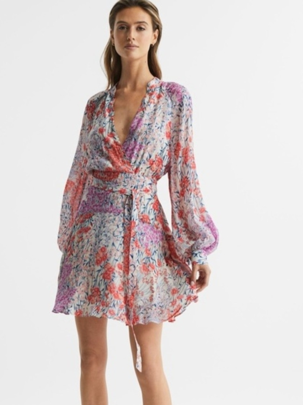 Reiss Kiera Floral Wrap Mini Dress in Coral, Pink & White Size 10